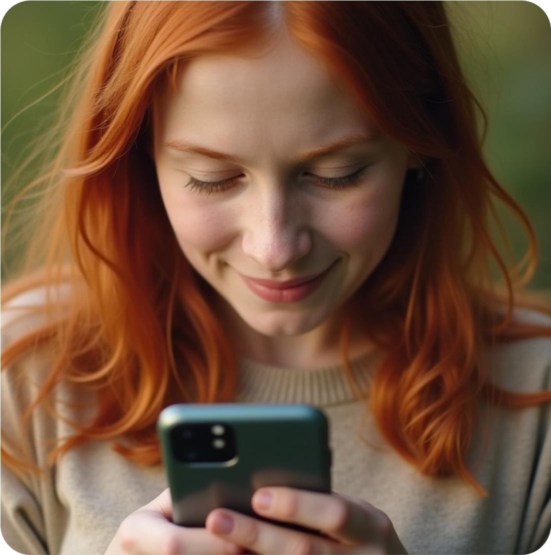 Red-haired girl looking at phone screen